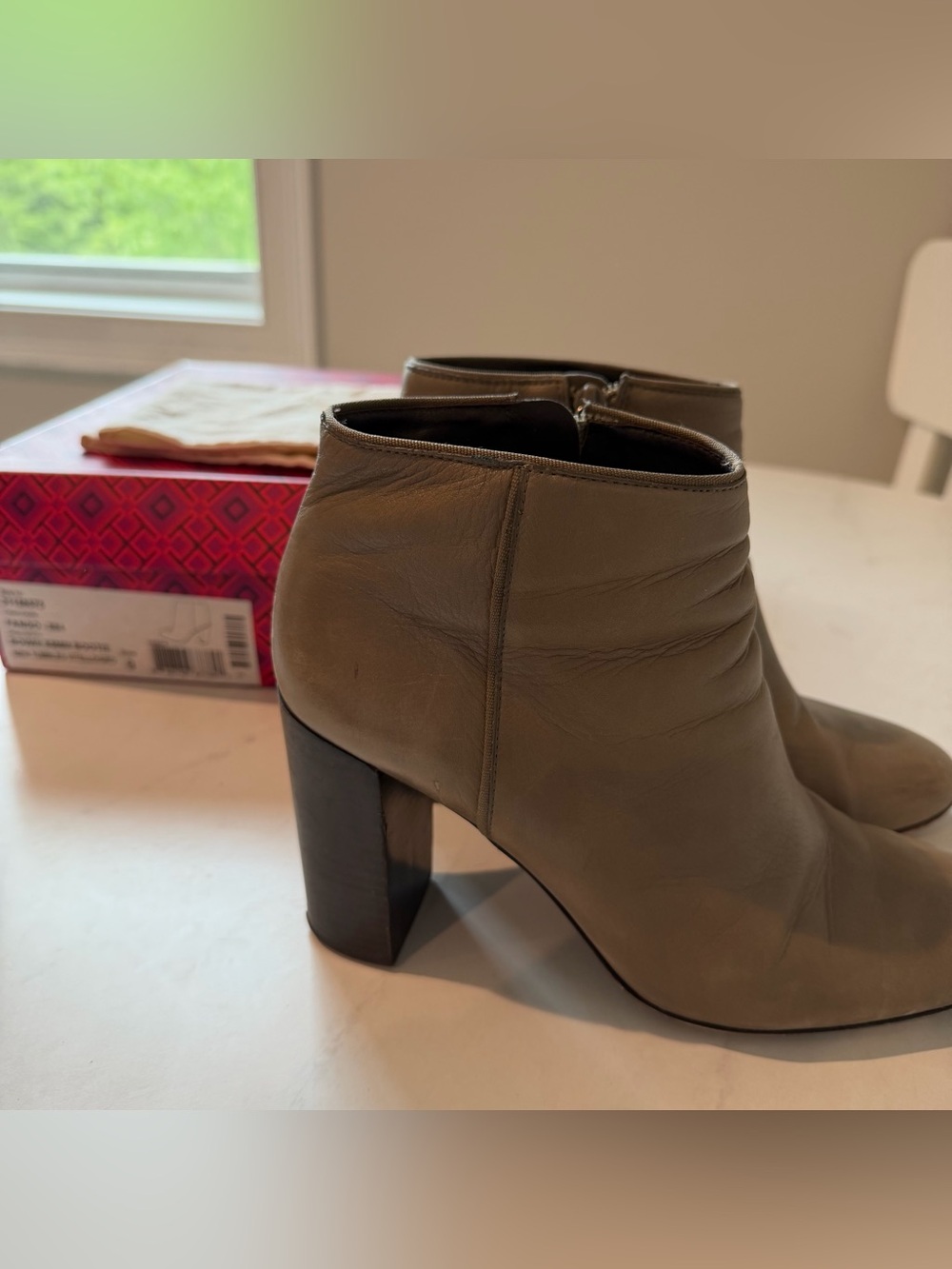 Tory Burch Bowie Women's Taupe Leather Ankle Booties with Block Heel